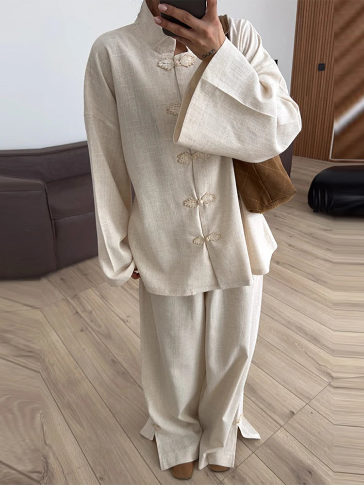 Casual Women's Two-Piece Pants Set Frog Button Mandarin Collar Top Wide Leg Pant Loose Fit Loungewear Suit Workwear Outfit