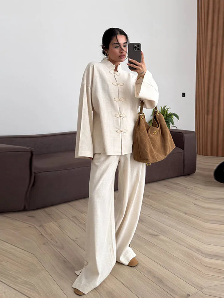 Casual Women's Two-Piece Pants Set Frog Button Mandarin Collar Top Wide Leg Pant Loose Fit Loungewear Suit Workwear Outfit