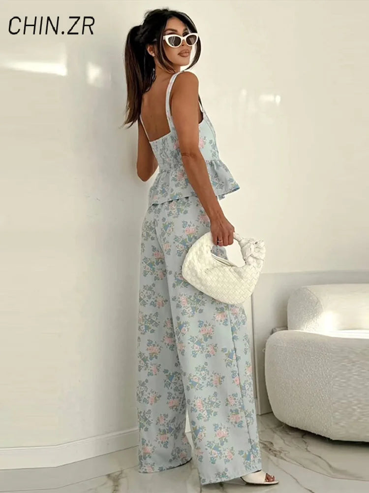 Fashion Printed Ruffles Sling Top Pants Sets Women Backless Sleeveless Vest Pockets Wide Leg Pant 2026 Summer Lady Floral Suits