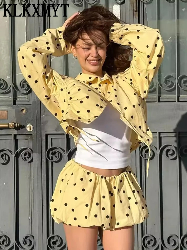 KLKXMYT Yellow Polka Dot Shorts Sets Women Drawstring Stand Collar Short Coat Casual Shorts Woman Outfit Streetwear Chic Suit ﻿