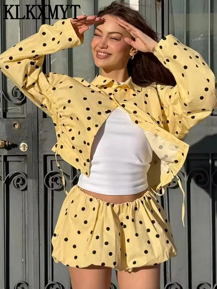 KLKXMYT Yellow Polka Dot Shorts Sets Women Drawstring Stand Collar Short Coat Casual Shorts Woman Outfit Streetwear Chic Suit ﻿